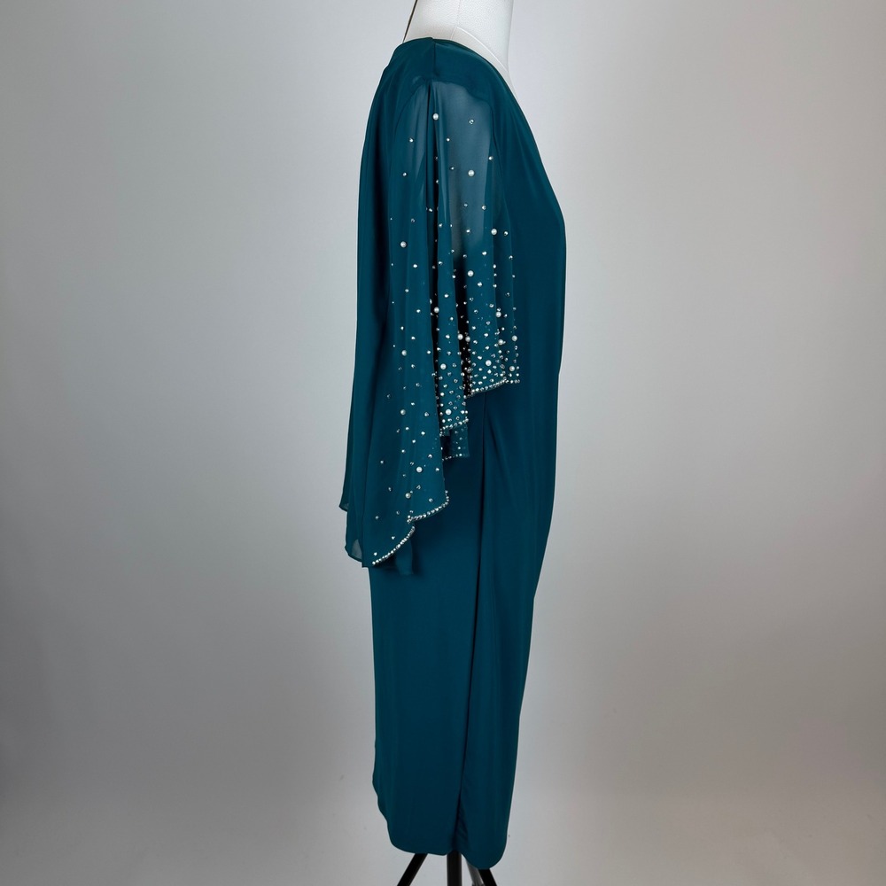 NWT MSK Neo Emerald Faux Wrap Cape Dress Embellished Pearl Sleeves Size Medium - Picture 4 of 9